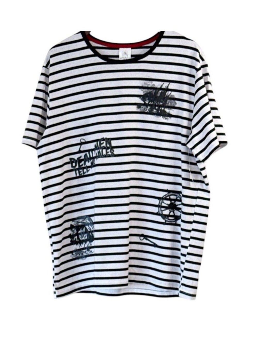 Disney Shirt Adult White Pirates of the Caribbean Dead Men Striped Size Lg NEW
